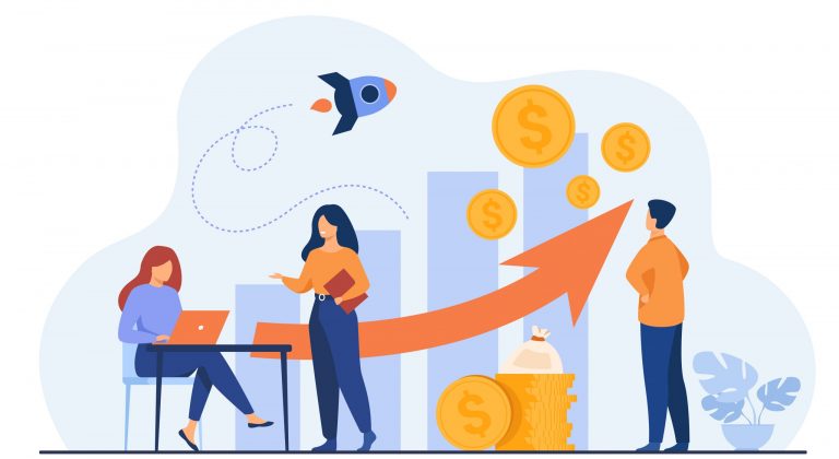 Startup managers presenting and analyzing sales growth chart